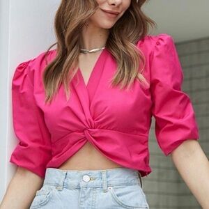 Jason Wu- NWT Hot Pink Front Knot Cropped Shortsleeve Top